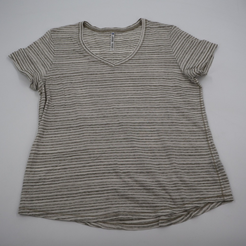 Kuhl T-Shirt Womens Large Gray Striped V-Neck Short Sleeve Curved Hem 8463